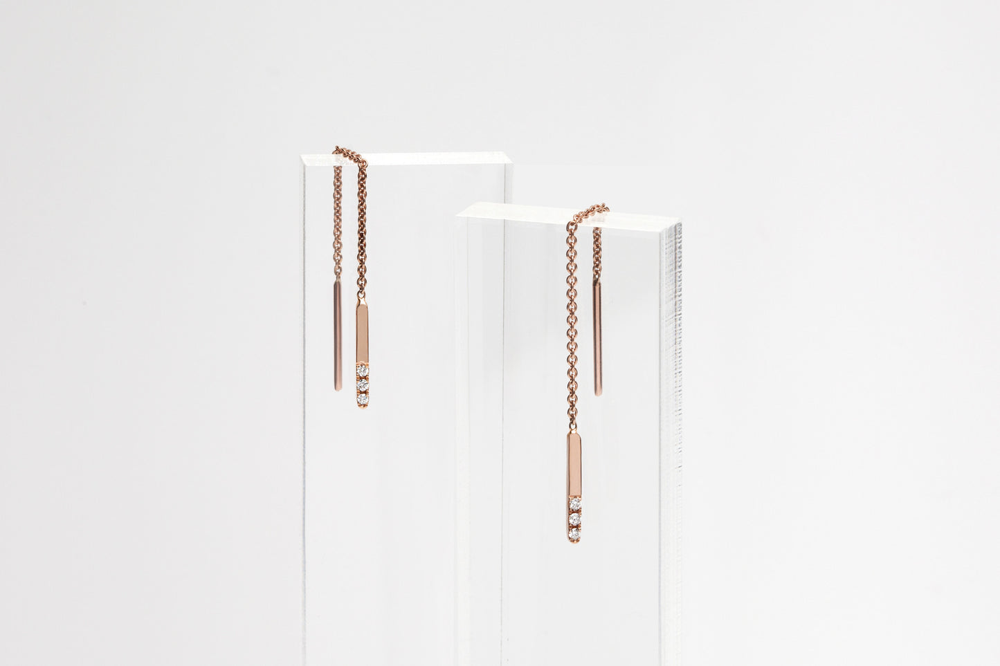 14k Rose Gold Linear Threader Earrings With Three Diamonds E2315