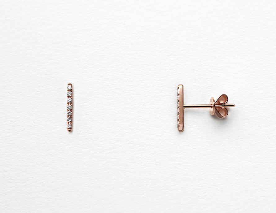 14k Rose Gold White Diamond Line Earrings Side View